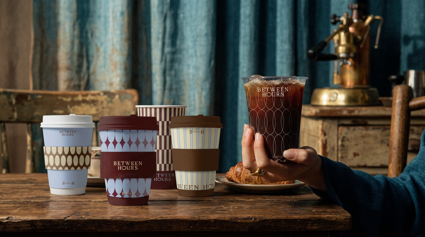 Three Between Hours takeaway cups in burgundy, stripe, and checker patterns on cream linen